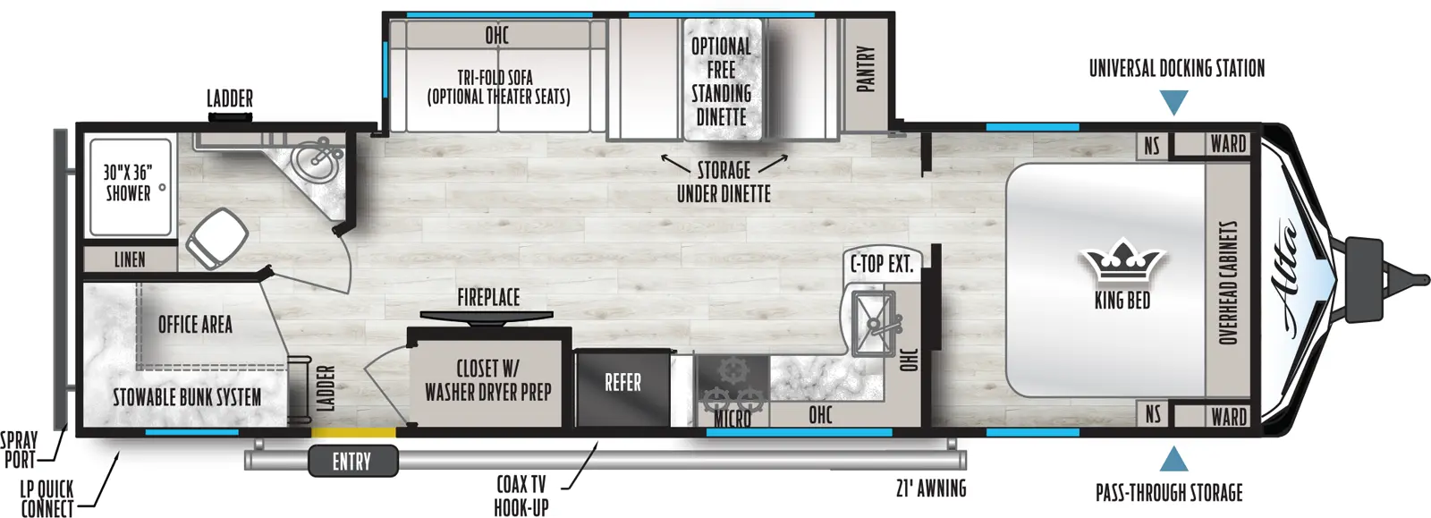 The 3100KXT has one slideout and one entry. Exterior features universal docking station, pass-through storage, 21 foot awning, coax TV hookup, LP quick connect, spray port, and ladder. Interior layout front to back: foot facing king bed with overhead cabinet, and nightstands and wardrobes on each side; off-door side slideout with pantry, dinette with storage under, tri-fold sofa, and overhead cabinet; kitchen counter with extension and sink wrap from inner wall to door side with microwave, cooktop, and refrigerator; door side TV and fireplace, closet with washer and dryer prep, and entry; rear off-door side full bathroom with linen closet; rear door side stowable bunk system with ladder, and an office area below. Optional free-standing dinette available in place of dinette. Optional theater seats available in place of tri-fold sofa.